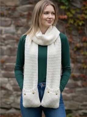 Michael Kors Cream Knit Scarf with Pockets Gold Button Detail Cozy Winter Wrap